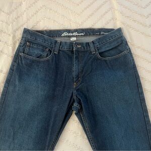 Eddie Bauer straight-fit denim jeans in a medium-to-dark blue wash 38/34